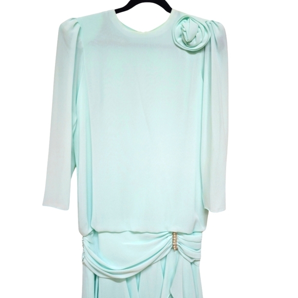 Ursula of Switzerland VTG 80s 90s drop waist crepe dress, light aqua, LS - Picture 2 of 15